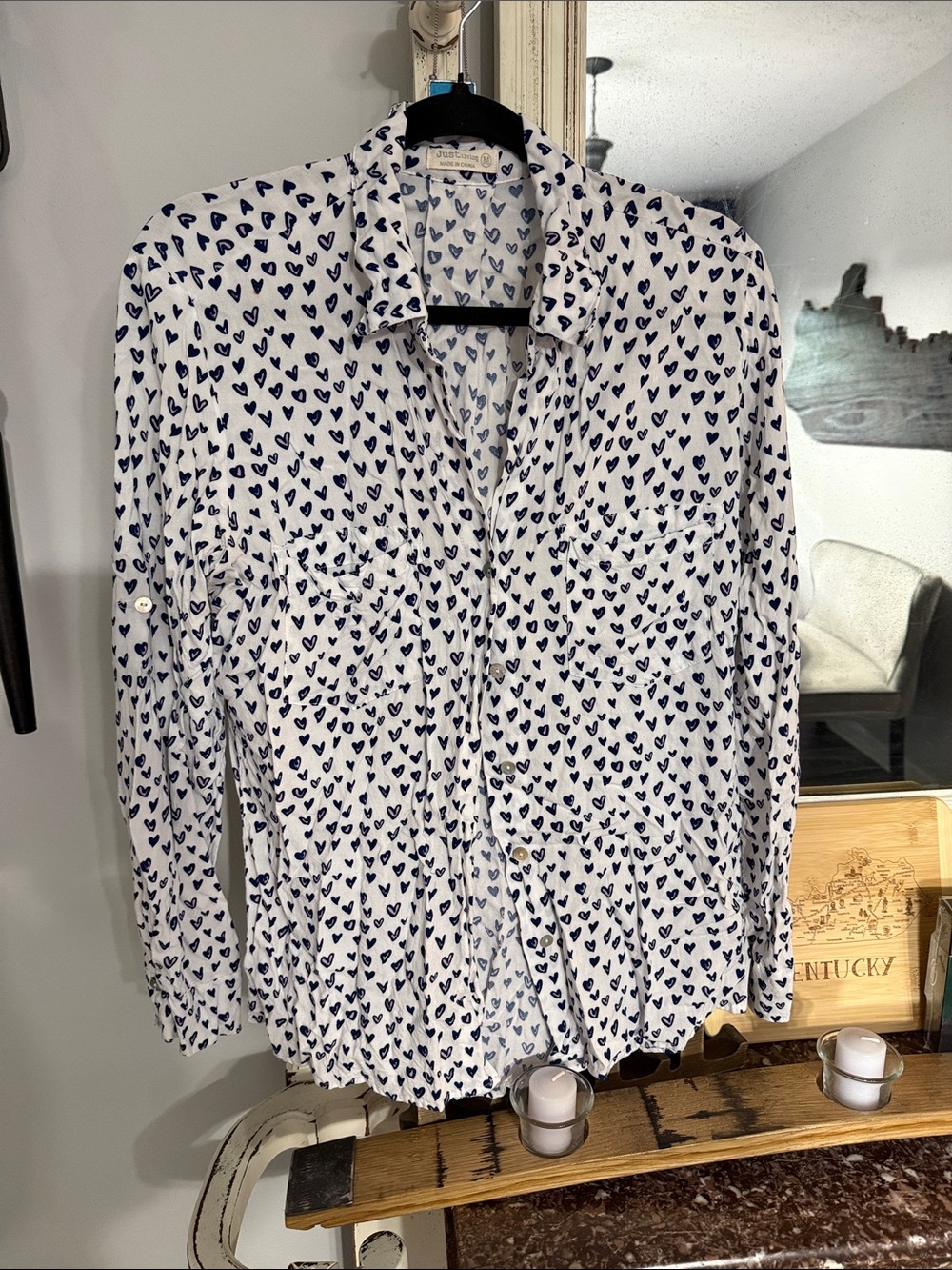 Just Living White Button-Down Shirt with Navy Heart Print